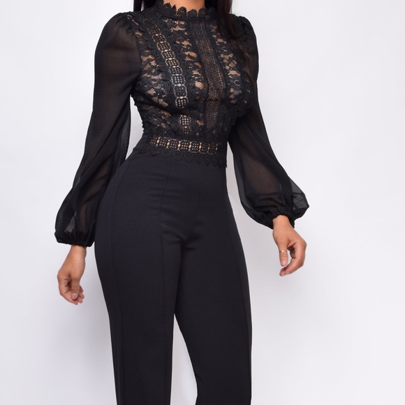 EMPRADA Black Lace Sheer Sleeve Jumpsuit – Size XL (New With Tags) - Picture 3 of 11